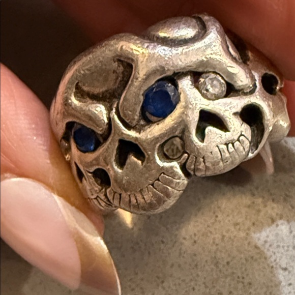 Travis Walker double cross Silver Skull Ring with sapphire  Accents - Picture 6 of 11
